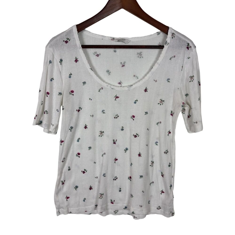 Lucky Brand White Ditsy Floral Short Sleeve Y2K Shirt Top Women's Small